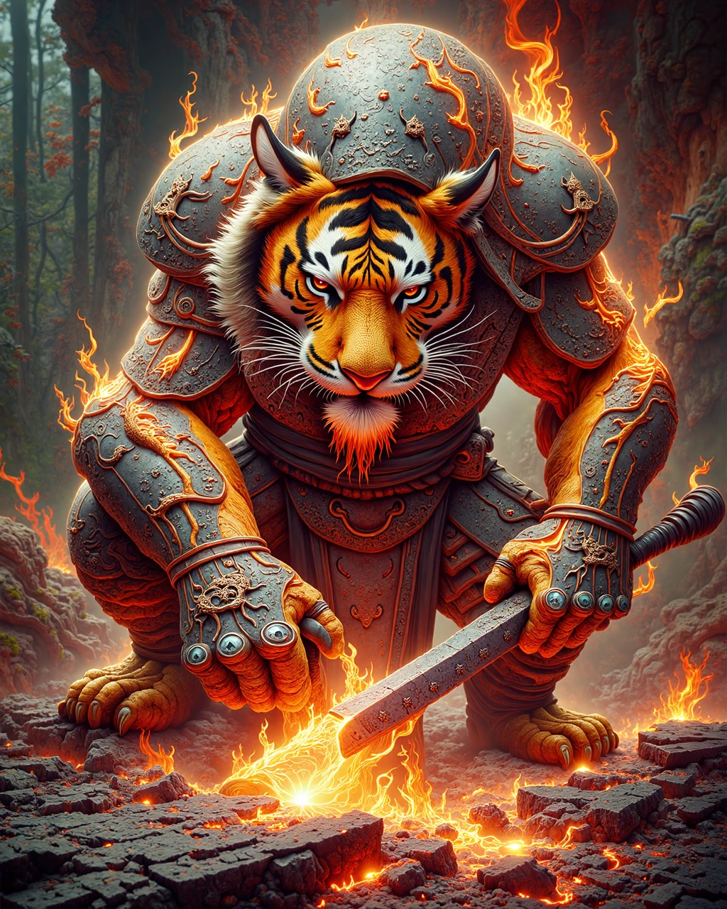 brutal tiger blacksmith forging mythical weaponry and armor in the eternal forge, smithing with cosmic fire, fiery vibrant tiger stripes, distinct characteristics, norse and chinese and hindu mythology




