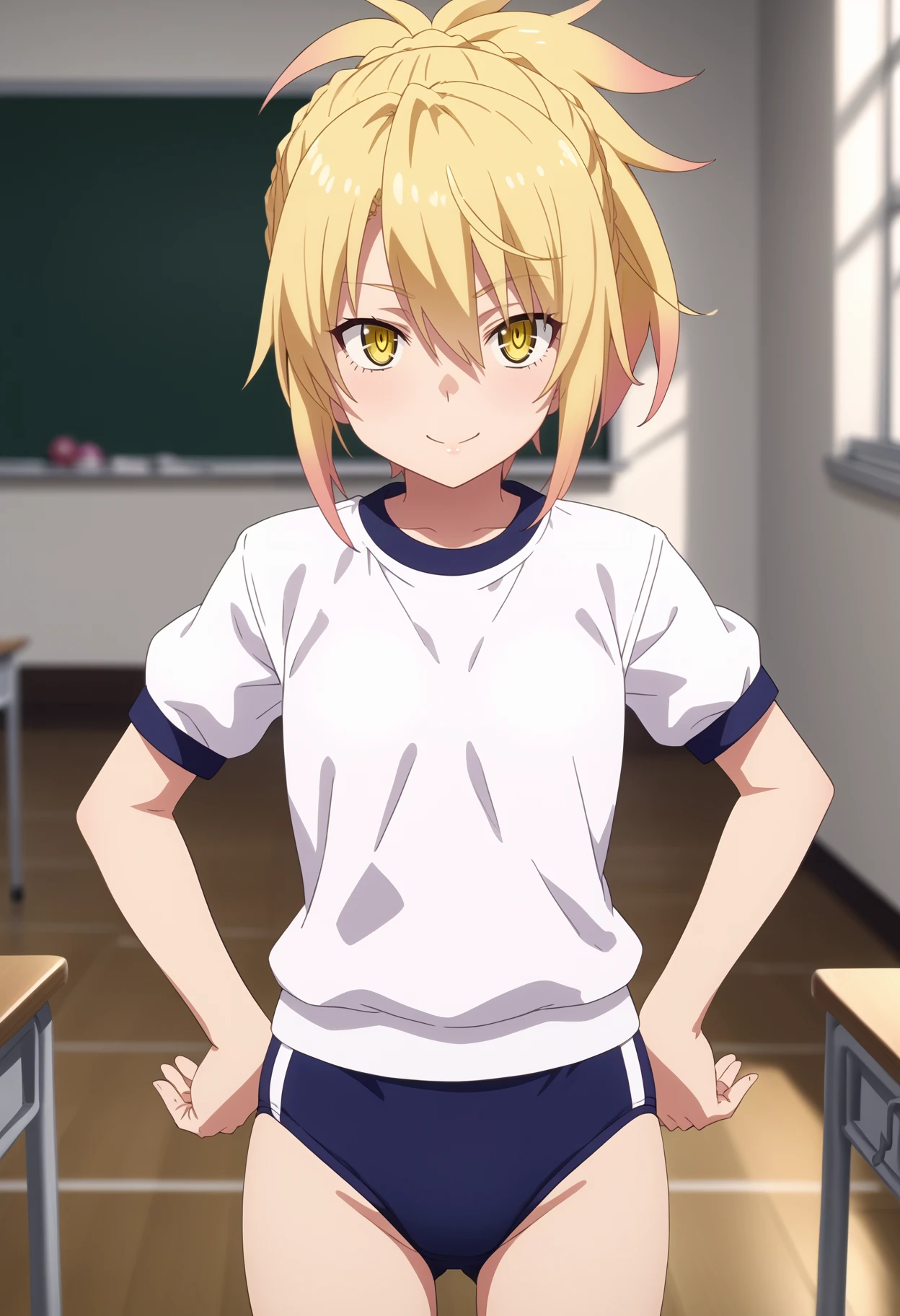 score_9, score_8_up, score_7_up, anime screencap, BREAK
1girl, kunou, blonde hair, short hair, ponytail, yellow eyes,
 gym uniform, white shirt, buruma, 
smile, hands on hips, standing, solo, looking at viewer, indoors, classroom background    <lora:KunouXL_byKonan:1>