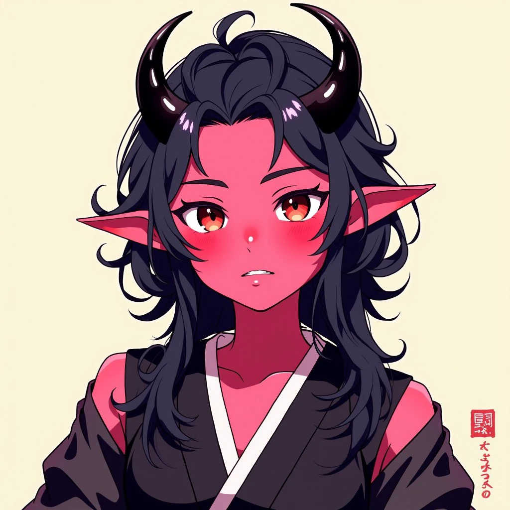 2d , anime ,tiefling  bright pink skin, samurai, black curved horns