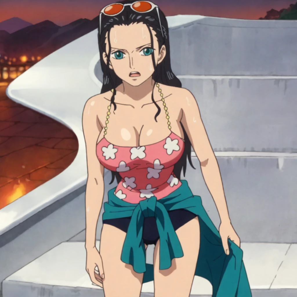 <lora:NicoRobinOnePiece_pony_v1:.75>NicoRobinPinkShortShirt, 1girl, black hair, large breasts, eyewear on head, long hair, cleavage, hair slicked back, sunglasses, one-piece swimsuit, blue eyes, sarong, bare shoulders, collarbone, cowboy shot