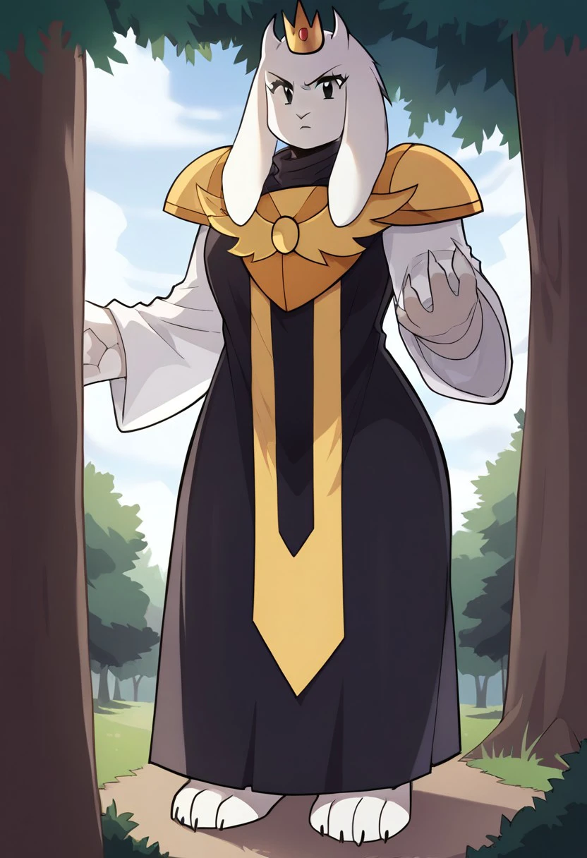 BREAK score_9, score_8_up, score_7_up, source_anime,  Epic_Toriel, tall girl, black eyes, black robe, chest brooch, golden shoulder pads, (huge breasts:1.8, wide hips), high collared tunic, chest symbol, crown with a gem, full body,