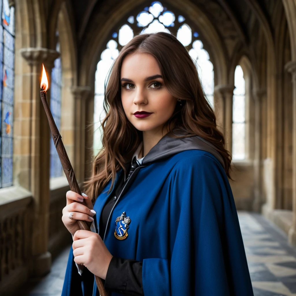 <lora:m414m_67XL-000008:0.8>, a (close up:1.2) photograph of 21 year old beautiful(m414m woman:1.2) as a professor at Hogwarts,wearing a (Ravenclaw magician cloak:1.4),holding up an exquisite carved magic wand,standing in a long hallway,with gothic stone archways,with stained glass windows,(dramatic pose:1.2),long brown hair,smirk,lipstick,makeup and eyeshadow,wearing pewter jewelry,(face focus),(looking at viewer),(close up shot:1.3)professional portrait, 4k wallpaper, highly detailed, bokeh