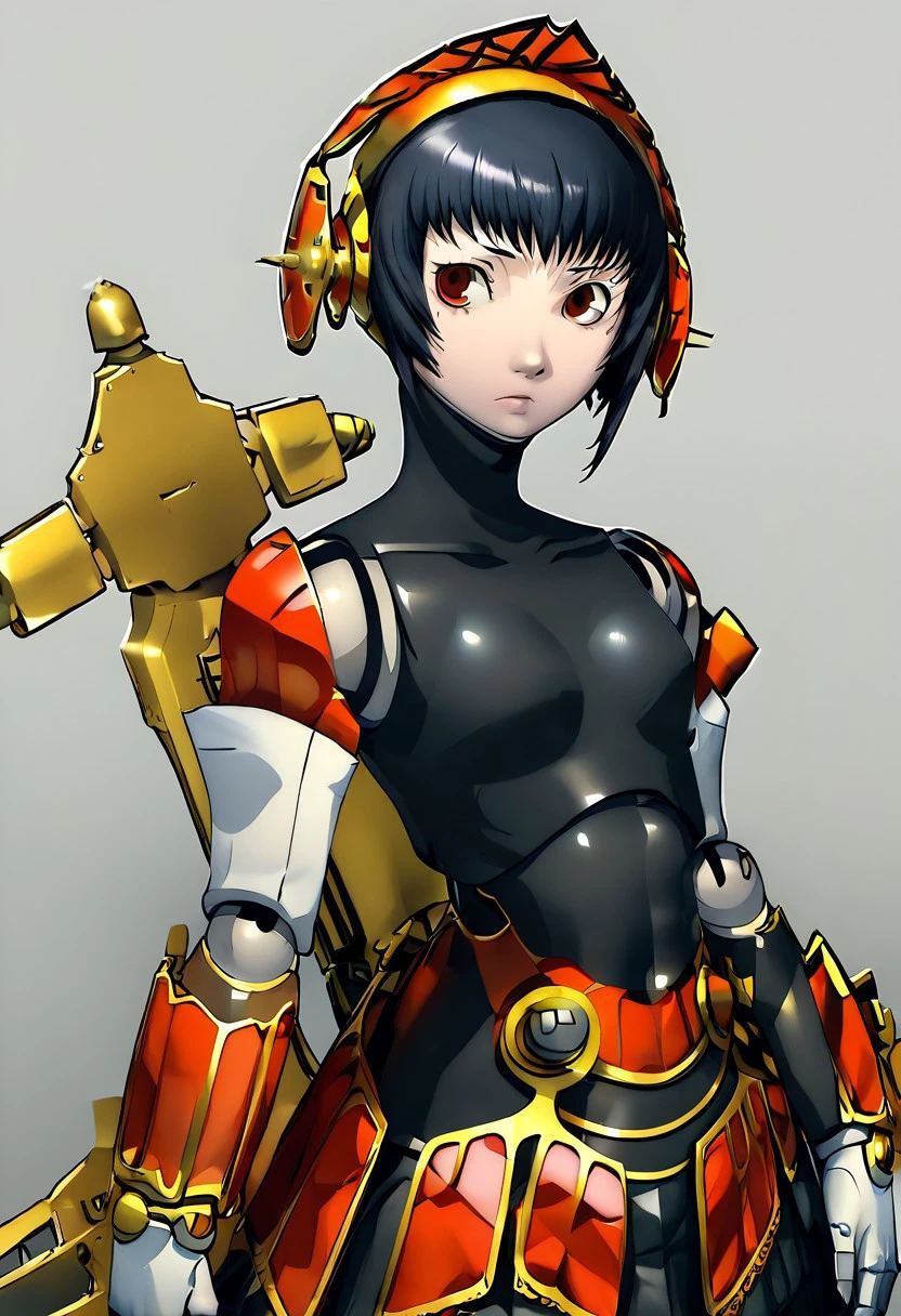 Metis P3, 1girl, solo, short hair, black hair, red eyes, android, joints, helmet, robot joints, skirt, weapon, p3portrait