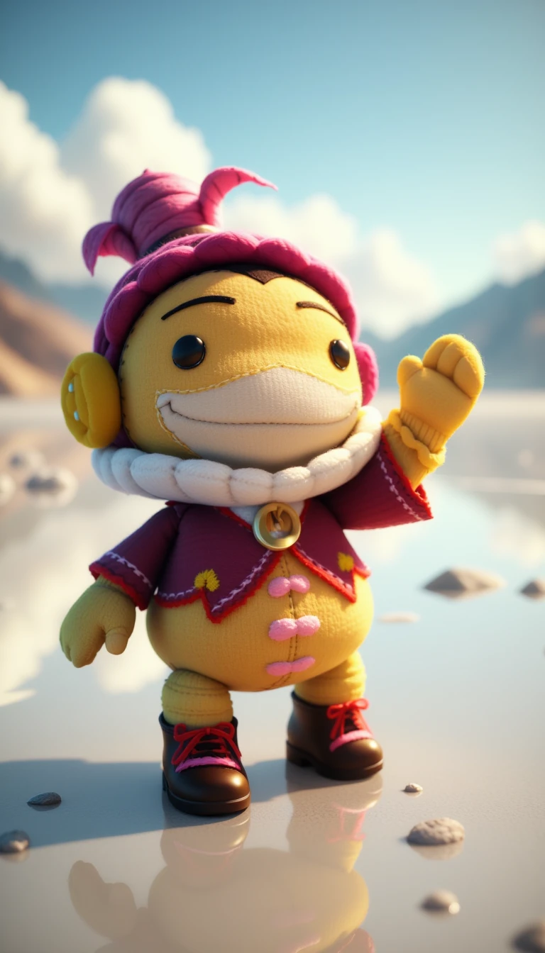 <lora:SackboyCharacterFlux:1> sackbaby Winnie the Pooh from Winnie the Pooh, smiling expression, woven, stitches, stitching, in a pose: Standing on tiptoes with arms raised., in location reflective salt flats