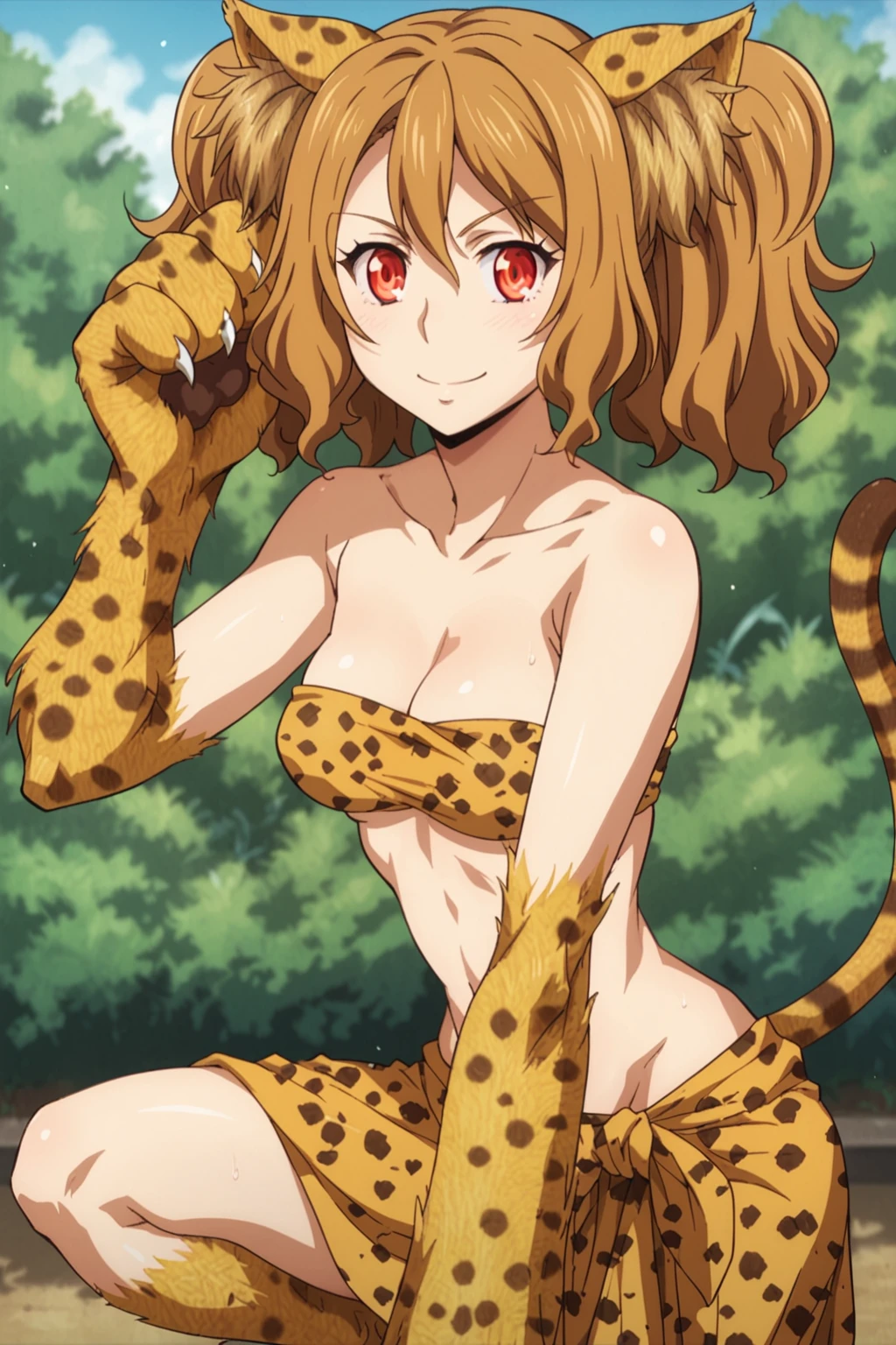 score_9up, score_8_up, score_7_up, (best quality), absurdres, 1girl, solo, Eruza, (Eruza Nakanishi), smile, average breasts, brown hair, short hair, red eyes, pigtails, cheetah ears, bandeau, animal arms, cheetah print skirt, nature, fixing hair, squat