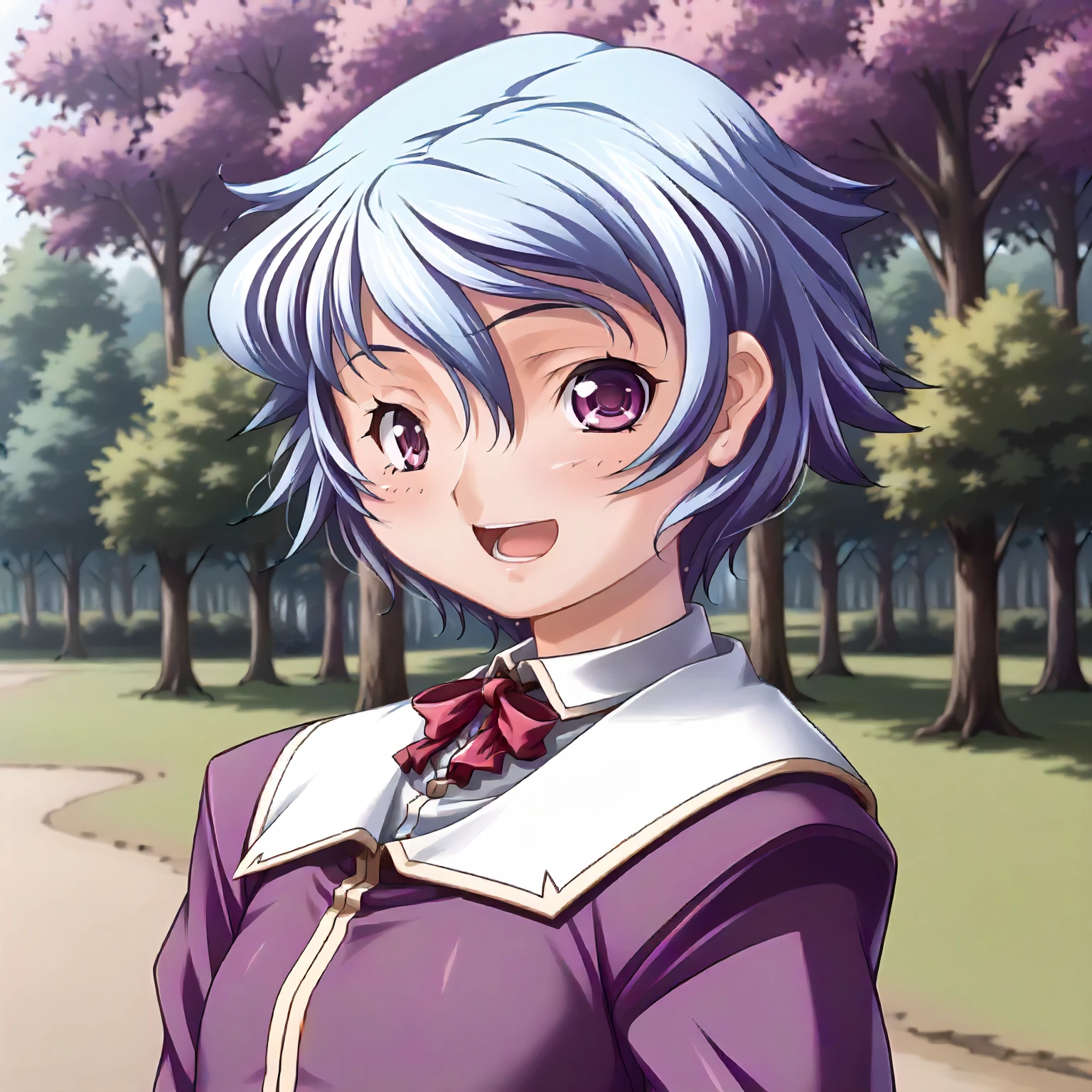 <lora:SDG_AkaneSakurazawaXLpony002>,
outdoors,nature,
smile,open mouth,
solo,
AkaneSakurazawa,1girl,blue hair,short hair,purple eyes,
school_uniform,neck ribbon,purple jacket,
upper body,