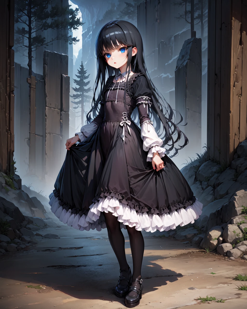 night,forest,canyon,dark,
1girl,solo,long hair,blue eyes,black hair,very long hair,
long sleeves,ribbon,pantyhose,frills,puffy sleeves,black dress,black pantyhose,neck ribbon,frilled dress,juliet sleeves,white ribbon,
standing,<lora:Natsuki_Minamiya(Strike The Blood):1>,