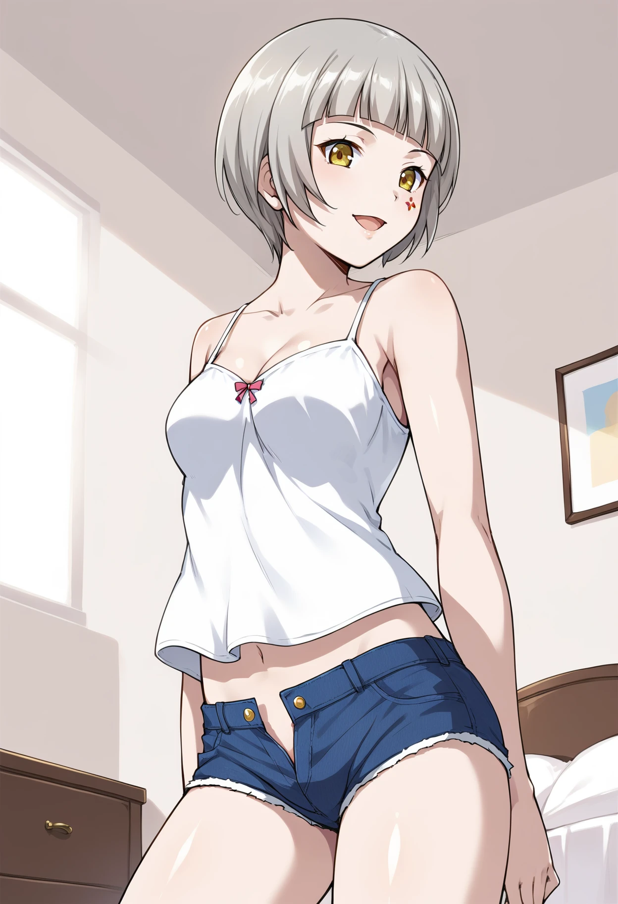 open  mouth, smile , solo, cowboy shot , side view , low angle , camisole, hotpants , inside, bedroom
<lora:Koshaji:0.7>, koshaji_it, blunt bangs, short hair, silver hair, yellow eyes, medium breasts, facial mark,
score_9, score_8_up, score_7_up, masterpiece, best quality, source_anime, uncensored,