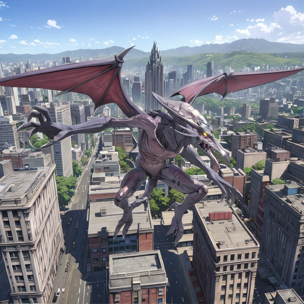 ridleymetroidxl <lora:Ridley_Metroid:.7>, action pose, realistic, wings, flying over city, (anime, masterpiece, intricate:1.3), (best quality, hires textures, high detail:1.2), (4k),(incredibly detailed:1.4),UHD, 8K, ultra detailed