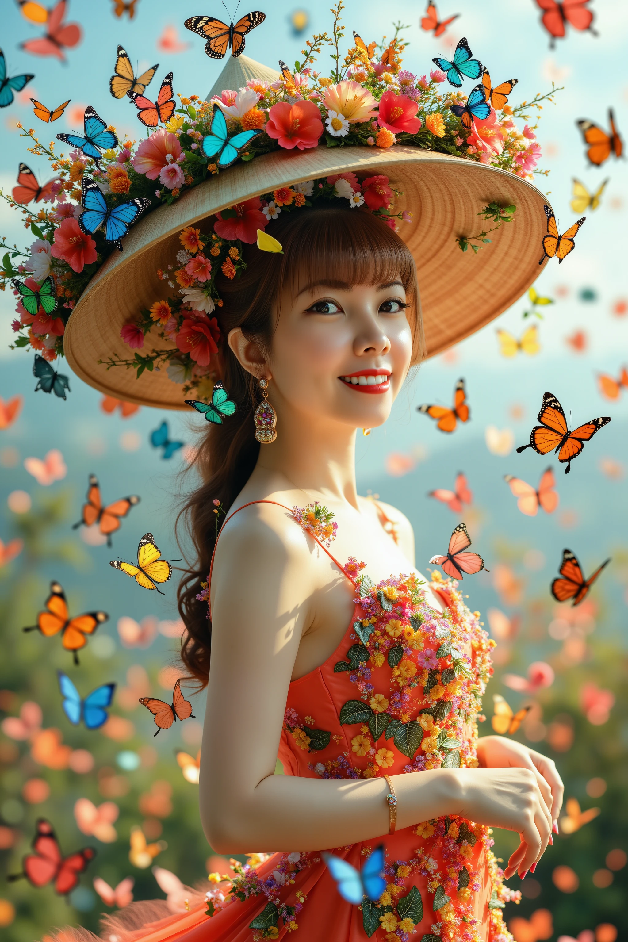 HanoiGirl, Girl Butterfly, A stunningly beautiful woman in traditional Vietnamese attire (ao dai) stands gracefully amidst a swarm of vibrant, colorful butterflies. She wears a large, intricately adorned hat made of flowers and foliage that cascades down her back, blending seamlessly into her dress, which is covered in similar floral decorations. The butterflies, in various shades of orange, red, blue, and green, flutter around her, enhancing the dreamlike, ethereal atmosphere. The overall scene is filled with a sense of natural beauty and elegance, with a soft focus that highlights the delicate details of the flowers and the woman's serene expression."








