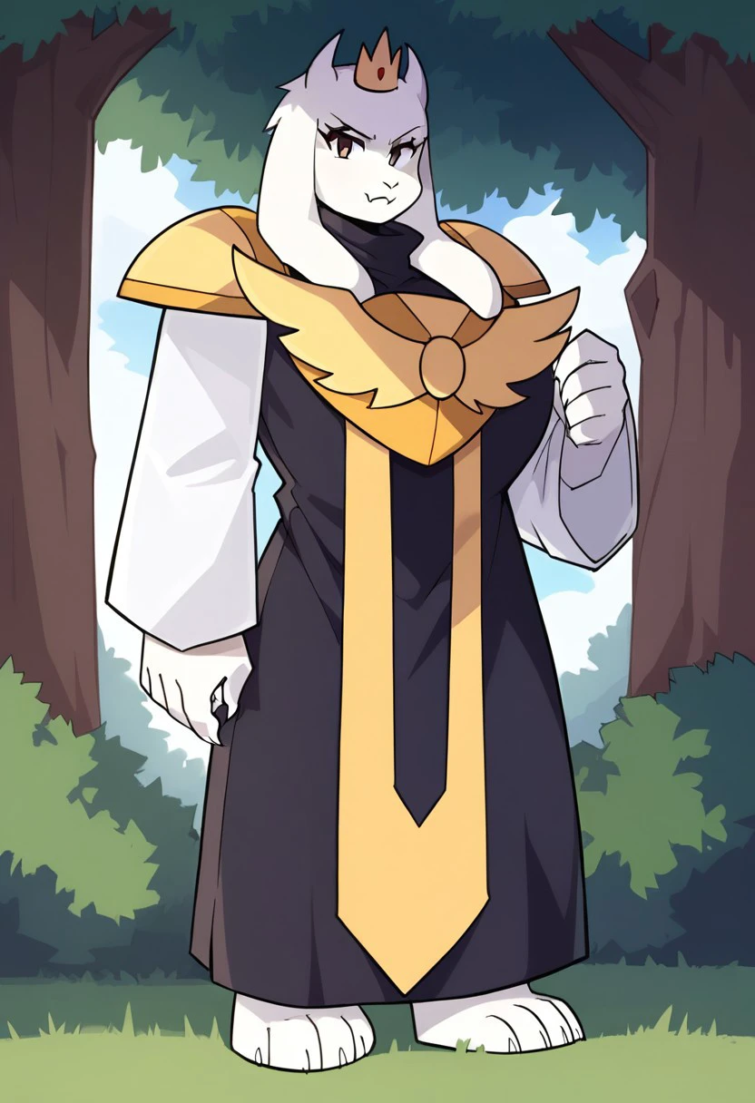 BREAK score_9, score_8_up, score_7_up, source_anime,  Epic_Toriel,  black robe, chest brooch, golden shoulder pads, (huge breasts::1.5), high collared tunic, chest symbol, crown with a gem, full body,