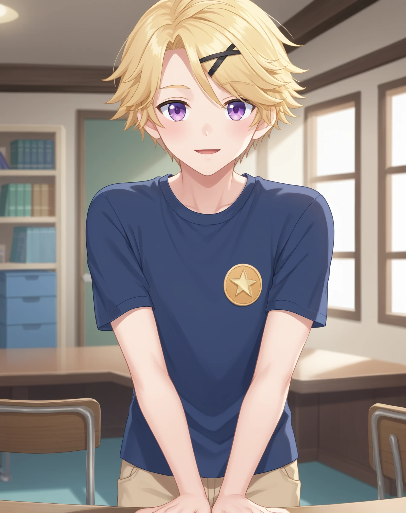 score_9, score_8_up, score_7_up, source_anime, anime screencap, depth of field, rating_safe, BREAK,
1boy, solo, yaoi, male focus,
looking at viewer, cowboy shot, facing viewer,
<lora:yoosung_kim_pony:1> yoosung_kim_pony, blonde hair, purple eyes, short hair,
indoors,