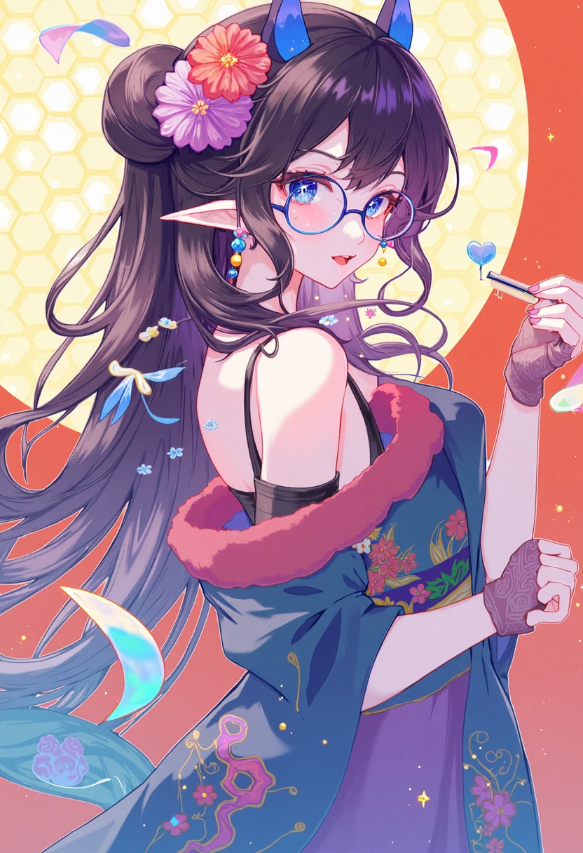 artstyle,honeycomb (pattern),glowing,1girl, bare shoulders, black hair, blue eyes, chinese zodiac, double bun, dragon girl, dragon horns, earrings, facial mark, finger cots, flower, glasses, hair bun, hair flower, hair ornament, hairclip, heart, heart facial mark, holding, holding smoking pipe, horns, japanese clothes, jewelry, kimono, kiseru, long hair, looking at viewer, off shoulder, pointy ears, print kimono, round eyewear, slit pupils, smile, smoking pipe, solo, teardrop facial mark, upper body, year of the dragon,pastel color, minute details,colorful,(fusion of pixel line pixel pattern super pixel,dynamic angle,dynamic pose,dynamic pov, best quality, amazing quality, very aesthetic, absurdres, best quality, amazing quality, absurdres