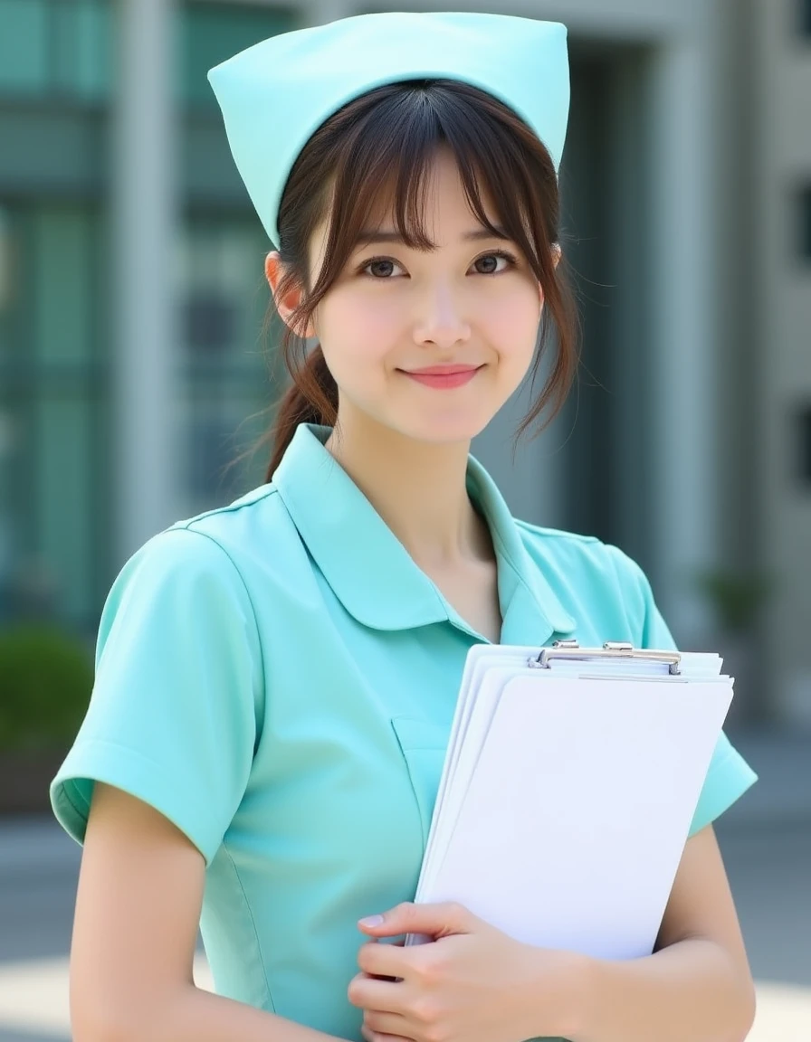 A beautiful Japanese female nurse in short sleeve aqua color nurse uniform and nurse cap.  <lora:Nurse_Uniform_Flux-000002:1>, In front of a hospital under sunlight, she holds a folder with both arms,  and is looking at viewer with a beautiful smile. 
No blurry picture.