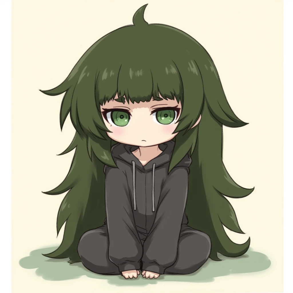 Create a cute maho with green eyes and green long hair character in a cartoonish style, sitting with a slumped posture and a sad expression. The character should have slightly disheveled hair and be wearing a dark hoodie. The background should be minimalistic, with soft, muted tones.