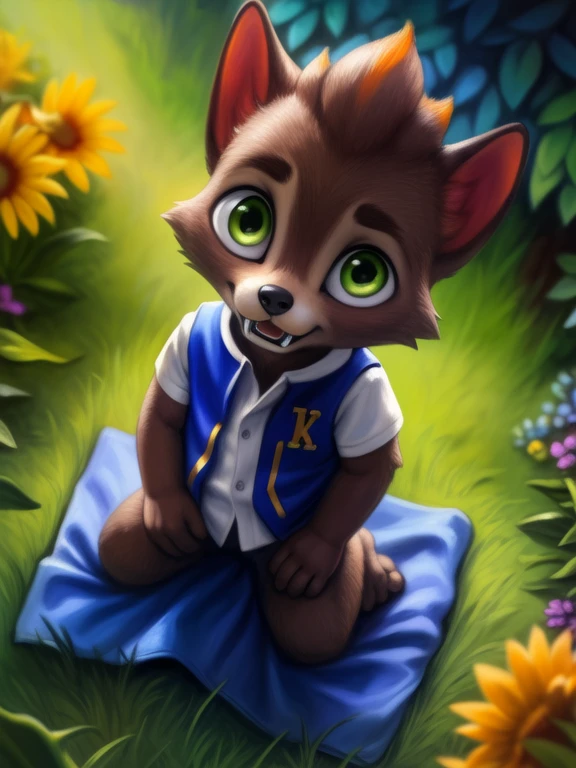 <lora:LoboSupMonYif:0.88> LoboSupMon, werewolf, green eyes, white shirt, green vest, fangs, chibi,
Looks at the viewer,    ((cowgirl position,  high-angle view,))
[ large window, (nature), forest, grass, day shining, clouds, flowers, blanket, blue pillows, ](solo focus),
(beautiful, aesthetic, perfect, delicate, intricate, saturated colors), masterpiece, digital drawing, best quality,
[by kenket|by totesfleisch8], by thebigslick:by silverfox5213:0.8], [by syuro, by paloma-paloma::0.2, (Tricksta, TotesFleisch8)