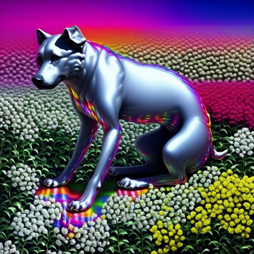 dog, silver skin, chrome fur, no humans, animal, digital art by jacklesorayama, sitting, flowers, flower field background, colorful background, reflective