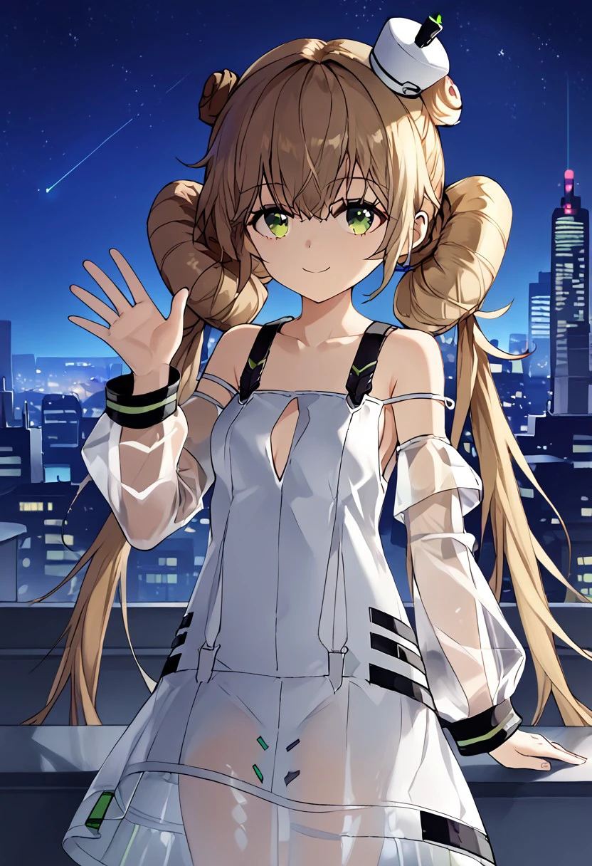 1girl, solo, highres, AlyconeEucharist, long hair, green eyes, bangs, hair bun, very long hair, double bun, twintails, brown hair, hair between eyes, blonde hair,
dress, bare shoulders, white dress, long sleeves, collarbone, see-through dress, see-through sleeves, clothing cutout, small breasts, hat,
hand up, waving, smile,
looking at viewer,
night, night sky, cityscape, neon lights, rooftop, backlighting, cyberpunk, science fiction,