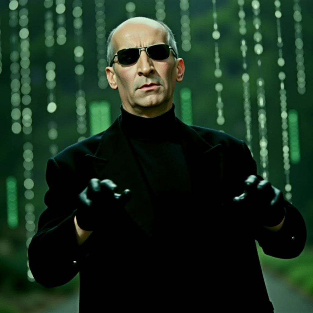 Man louDF as Neo in Matrix, heroic pose