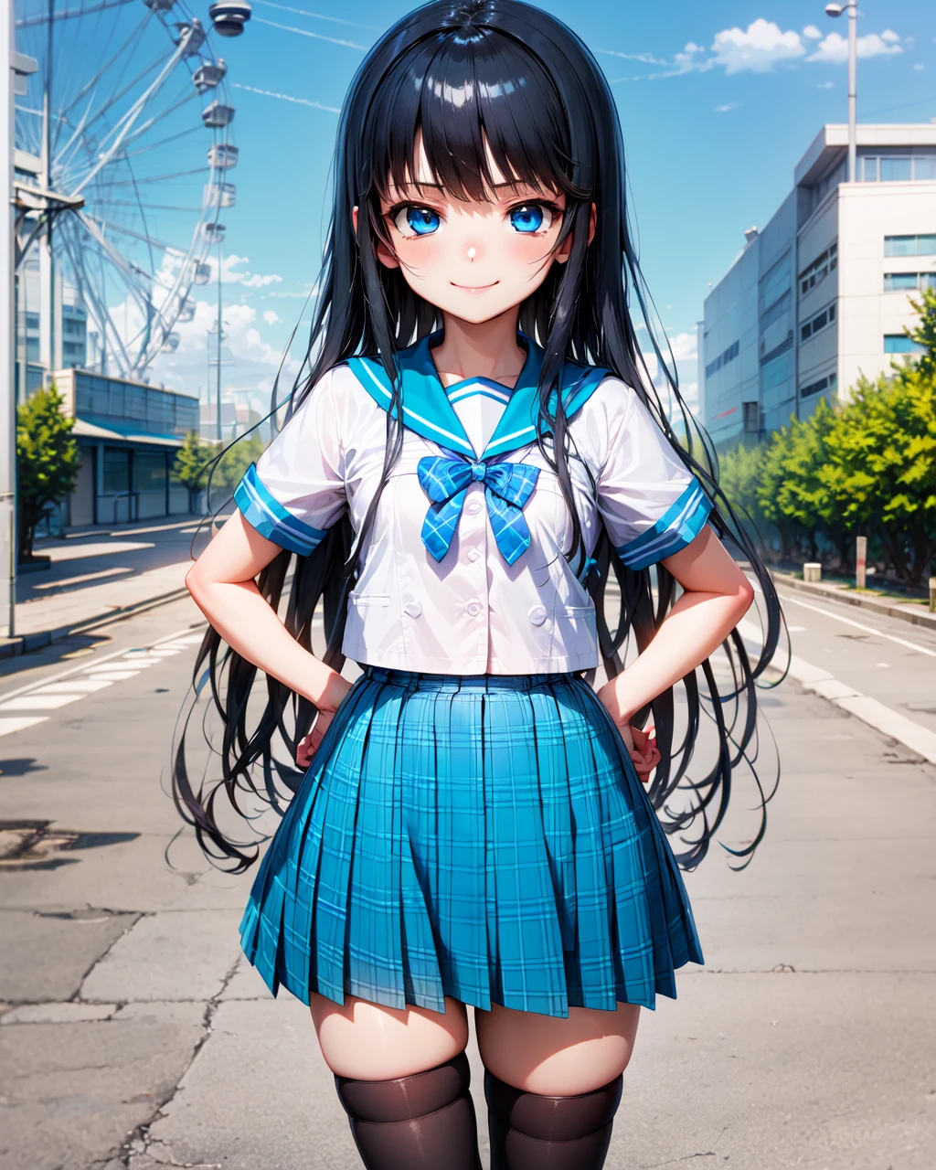 ferris wheel,
1girl,solo,long hair,blue eyes,black hair,very long hair,
bow,school uniform,white shirt,short sleeves,pleated skirt,serafuku,black thighhighs,miniskirt,bowtie,sailor collar,blue skirt,zettai ryouiki,plaid,blue bow,plaid skirt,blue sailor collar,
standing,smile,<lora:Natsuki_Minamiya(Strike The Blood):1>,