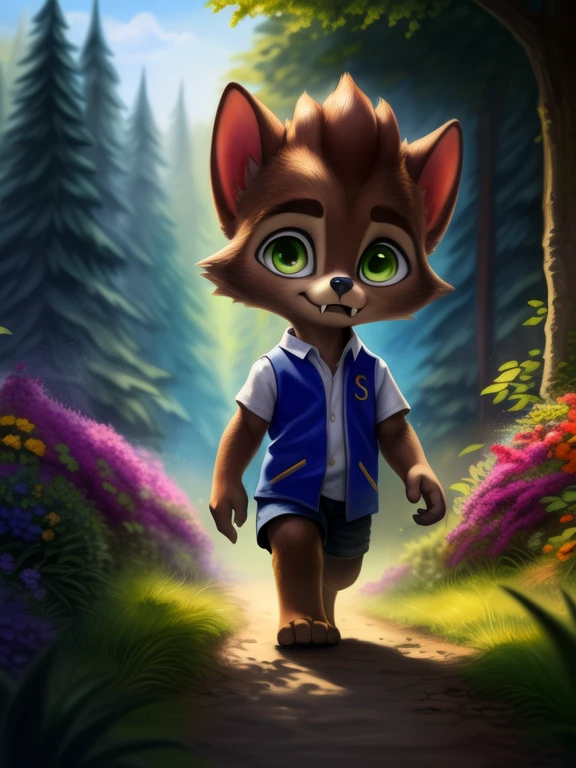 <lora:LoboSupMonYif:0.8> LoboSupMon, werewolf, green eyes, white shirt, green vest, fangs, chibi,
Looks at the viewer,    (( walking, ))
[ large window, (nature), forest, grass, day shining, clouds, flowers, blanket, blue pillows, ](solo focus),
(beautiful, aesthetic, perfect, delicate, intricate, saturated colors), masterpiece, digital drawing, best quality,
[by kenket|by totesfleisch8], by thebigslick:by silverfox5213:0.8], [by syuro, by paloma-paloma::0.2, (Tricksta, TotesFleisch8)