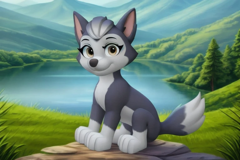 paw patrol, gasket, tail, full body, ((solo)), female, feral, sitting, looking at viewer, view of the forests mountains and lake, best landscape, realistic fur, anatomically correct, detailed, detailed fur, best quality, masterpiece, eyes correct, tail correct, focus on character, detailed eyes, detailed pupil, OverallDetail,  <lora:Paw_Patrol_Gasket:0.8>