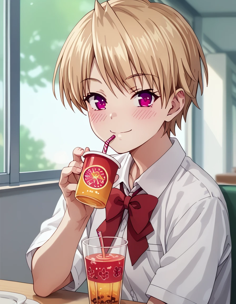 Haruki, short hair, blonde hair, school uniform, purple eyes, pink eyes, score_9, score_8_up, score_7_up, score_6_up, score_5_up, score_4_up, source_anime   <lora:HaremCamp:1>, smile, sitting, drinking tea,