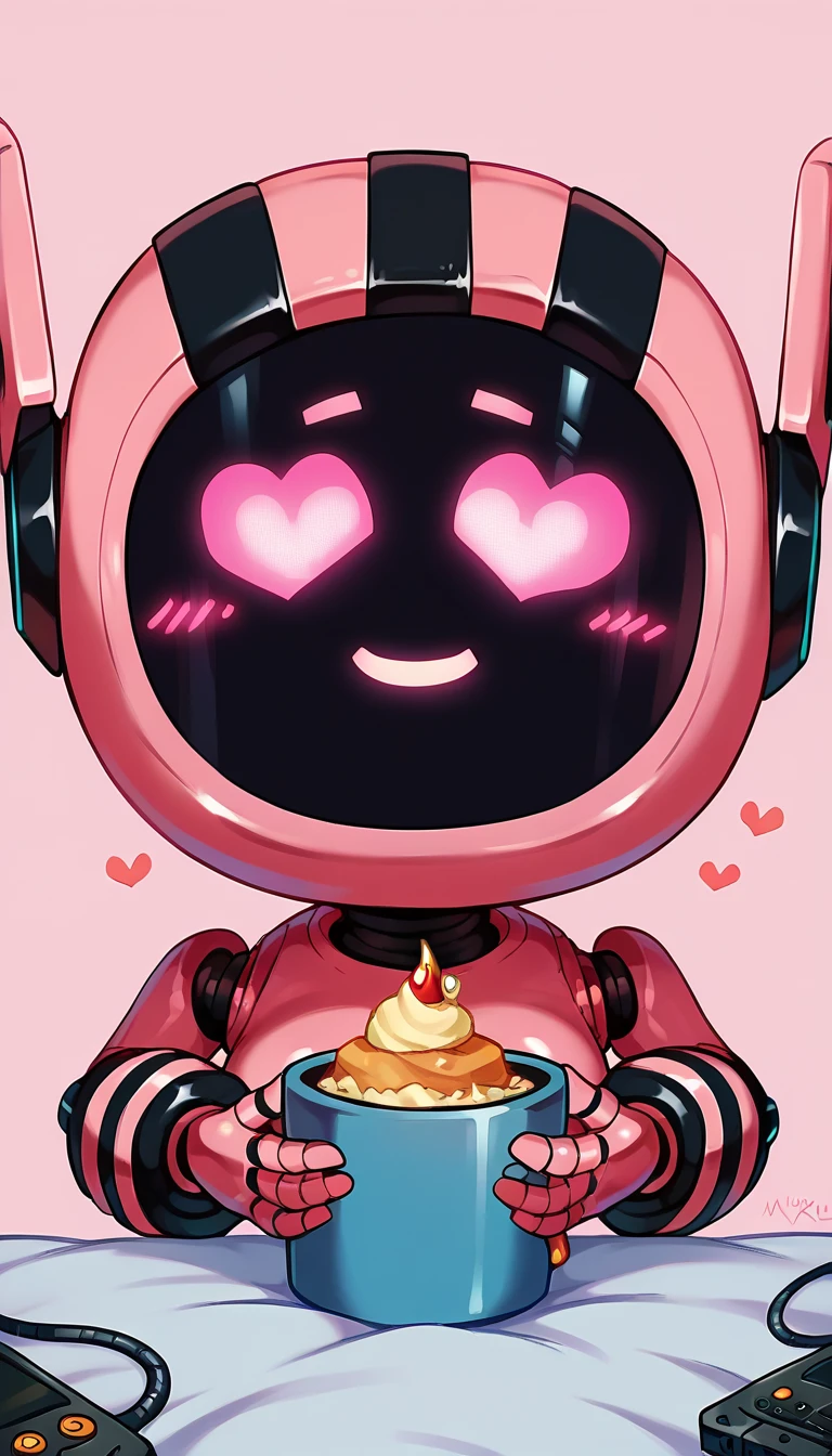 1girl, score_9, score_8_up, score_7_up, score_6_up,  <lora:glavakolhoza_beelinebot:0.85>, glavakolhoza_beelinebot, robot, screen face, chibi, simple background,  pink color, heart eyes,  <lora:merunyaa_style_ponyxl_v1_unet:1> merustyle, pink skin