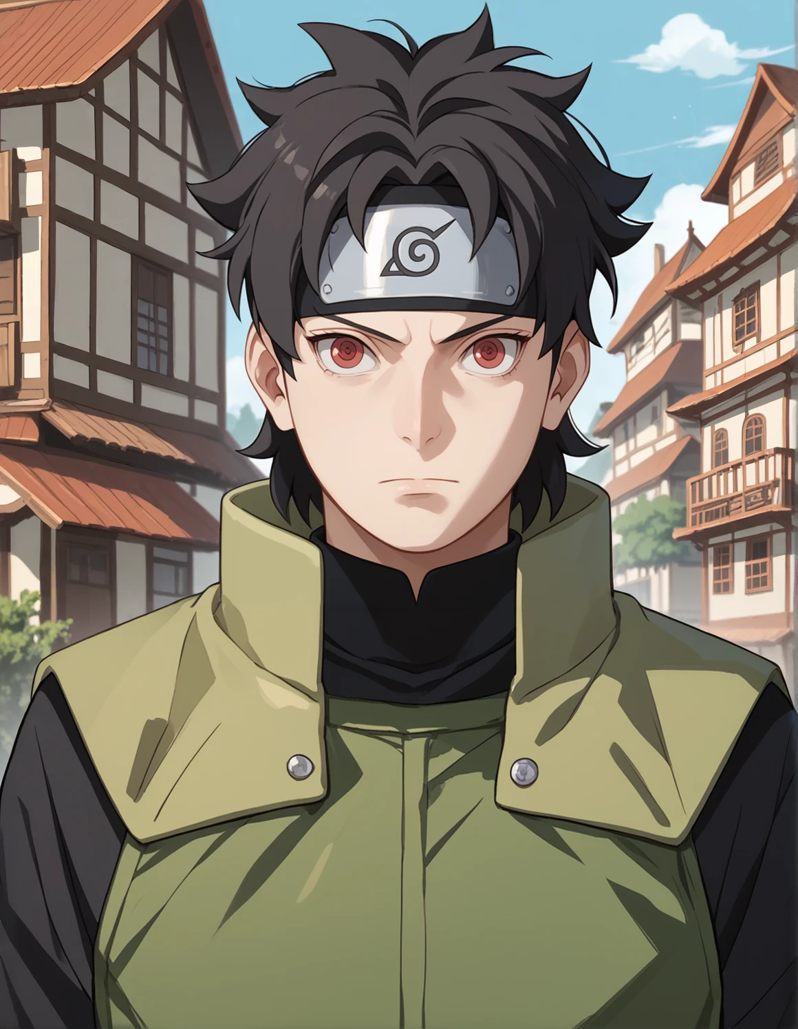 score_9, score_8_up, score_7_up, score_6_up, score_5_up, score_4_up, kishimotostyle, MiraiSarutobi, looking at viewer, forehead protector, konohagakure symbol, vest, long sleeves, town, kunai <lora:MiraiSarutobiponiXL2:1>