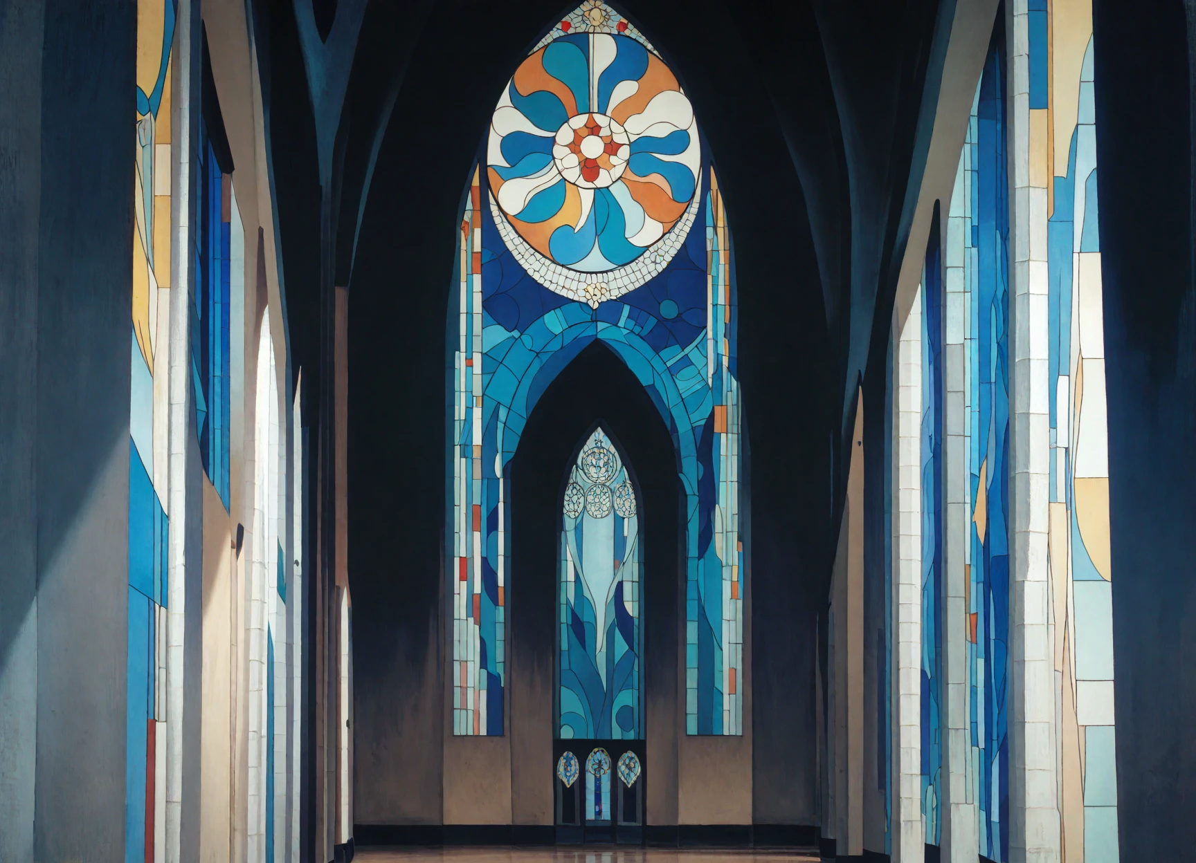 <lora:georgia-o-keeffe_pony_v1:1> ' serene beauty ' by o'keeffe georgia in 1900, figurative \(genre\)   precisionism \(style\) abstract expressionism \(style\)  majestic cathedral with awe-inspiring architecture stained glass windows and a sense of grandeur, score_9, score_6_up, score_7_up