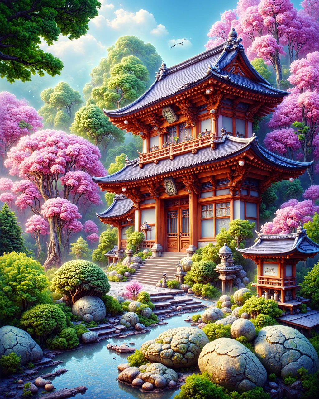 japanese temple garden inspired by spirited away and studio ghibli style animation, pastel colors