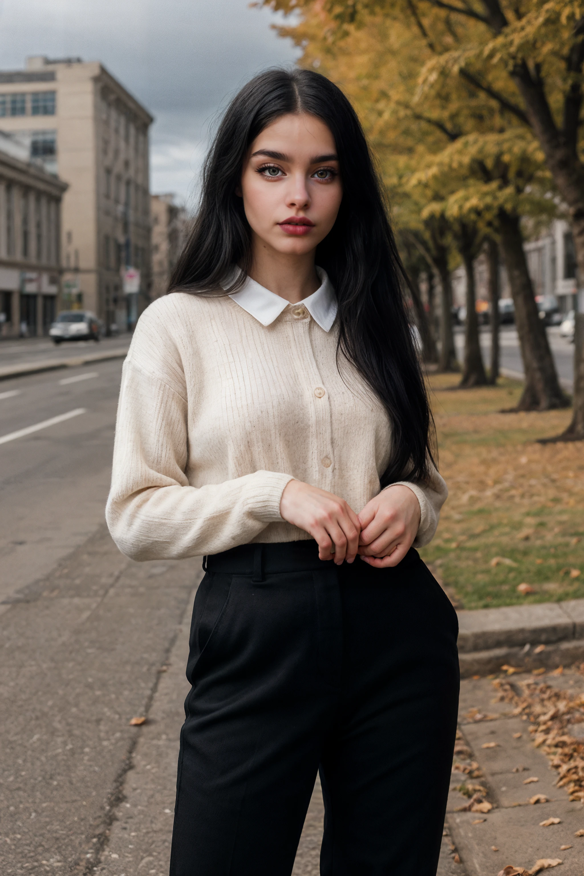 Photography, Portrait, taken with DSLR, F/2.8, (High quality), (masterpiece), realistic, 8K, realistic, (upper body), [extremely detailed background, autumn, cloudy day, grey skies,public, urban, city], long hair, black hair,  (thick lips), [brown eyes], (posing), (white collared shirt, black sweater, pants),  <lora:Burch:0.95> laurenxburch <lora:add_detail:0.45>