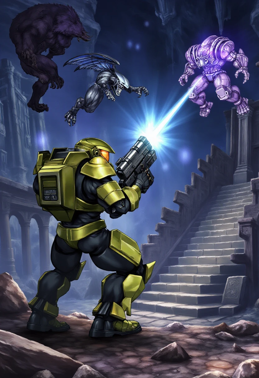 vanillaware, Master Chief shooting at aliens in space.  