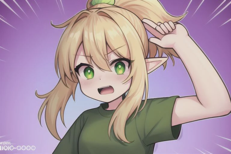 solo, {{Blonde}}, {{ponytail hair}}, {elf ears}, girl, {green eyes}, {green t-shirt,cammo pants},{purple soft light},{high saturation}, {{neon background}},