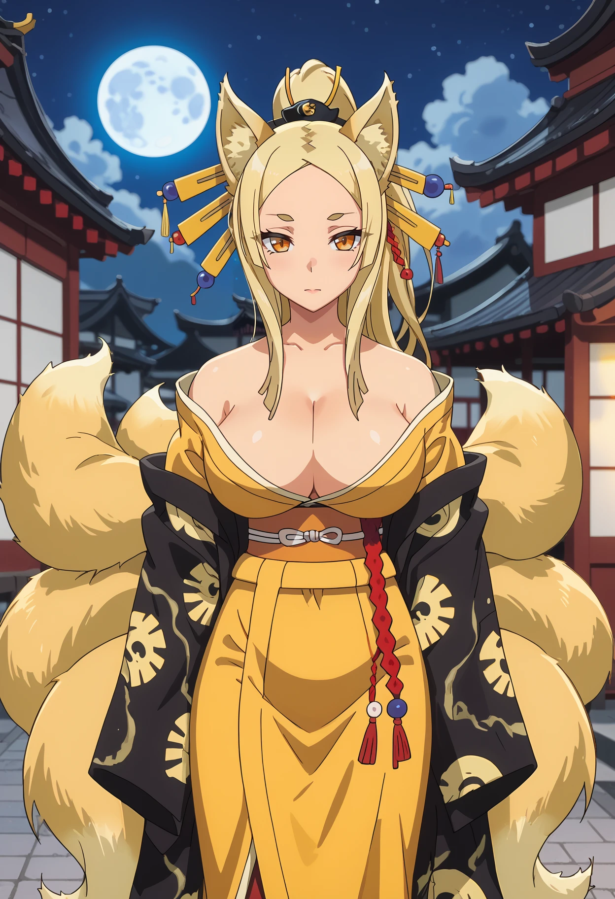 score_7_up, anime screencap,
<lora:HighschoolDxD_YaasakaXL:0.9>, Yaasaka,
1girl, solo, closed mouth,
high ponytail, long hair, blonde hair, orange eyes, hair ornament, fox ears, multiple tails, fox tail,
multicolored kimono, off shoulder, print kimono, black kimono, yellow kimono, cleavage, large breasts, orange sash, wide sleeves,
standing, looking at viewer, cowboy shot,
blurry background, outdoors, night, moon, east asian architecture
