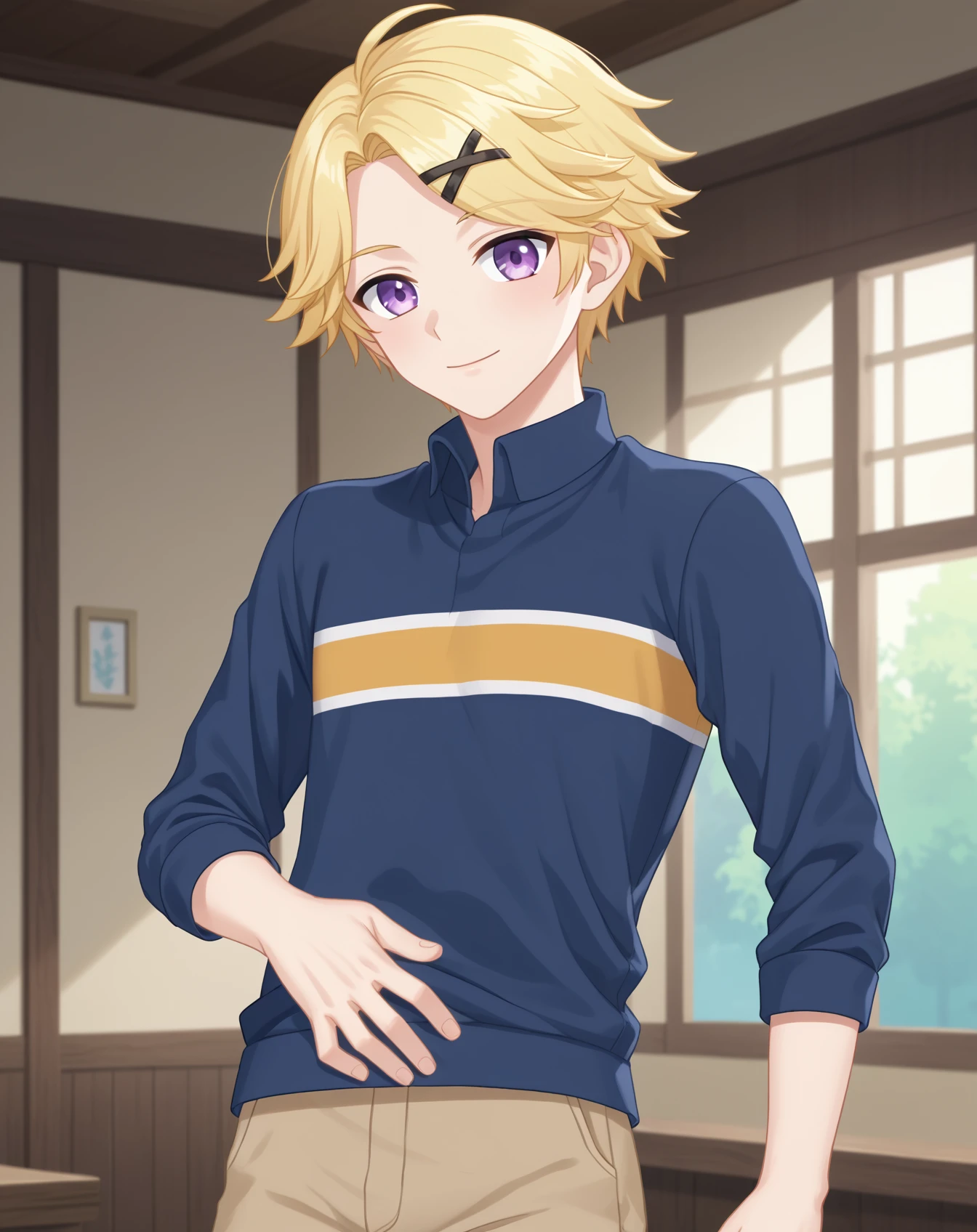 score_9, score_8_up, score_7_up, source_anime, anime screencap, depth of field, rating_safe, BREAK,
1boy, solo, yaoi, male focus,
looking at viewer, cowboy shot, facing viewer,
<lora:yoosung_kim_pony:1> yoosung_kim_pony, blonde hair, purple eyes, short hair,
indoors,