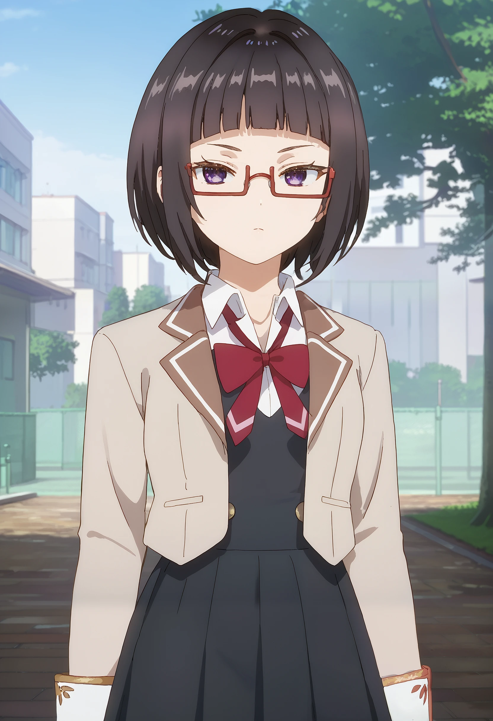 score_9, score_8_up, score_7_up, source_anime, masterpiece, best quality, perfect anatomy, very aesthetic, absurdres,

1girl, solo,
Sayaka_Taniyama, black hair, short hair, bob_cut, bangs, purple eyes, glasses,

school uniform, white blouse, brown jacked, red bowtie, black skirt, white socks, white shoes,
outdoors, school, looking at viewer, cowboy shot,