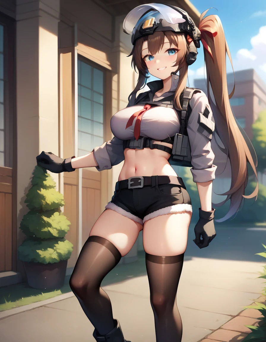 score_9,score_8_up,score_7_up,score_6_up BREAK official art,solo,outdoors,upper body,(portrait:1.5),looking at viewer,facing viewer,smile,female commander (girls' frontline),termichan (not-a-bot),smile,helmet,brown hair,very long hair,side ponytail,bangs,hair ribbon,blue eyes,grey shirt,large breasts,chest rig,black gloves,stomach,belt,short shorts,black shorts,fur-trimmed shorts,black thighhighs,black footwear,boots,<lora:Female Command(gf)-Pony:1.5>,<lora:Smooth Anime Style LoRA XL:0.8>,