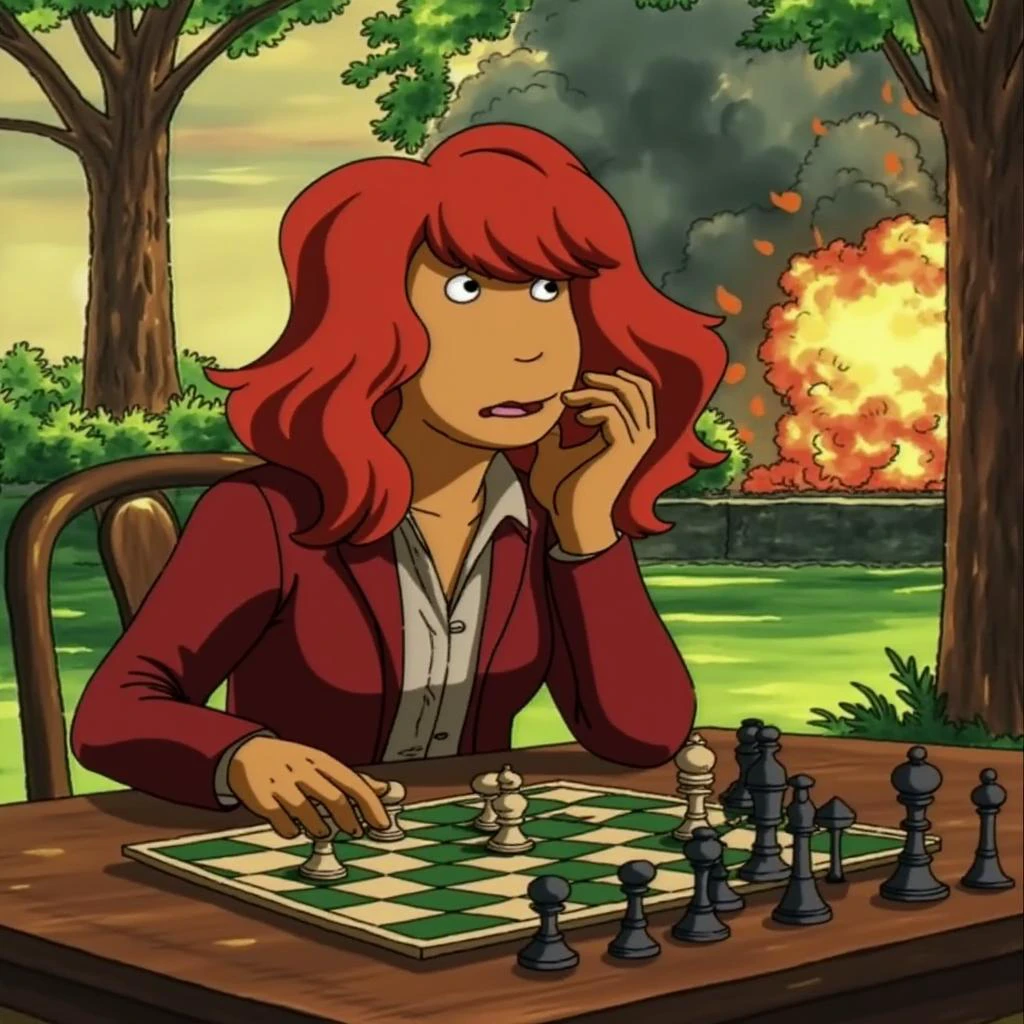 woman with red hair, playing chess at the park, bomb going off in the background