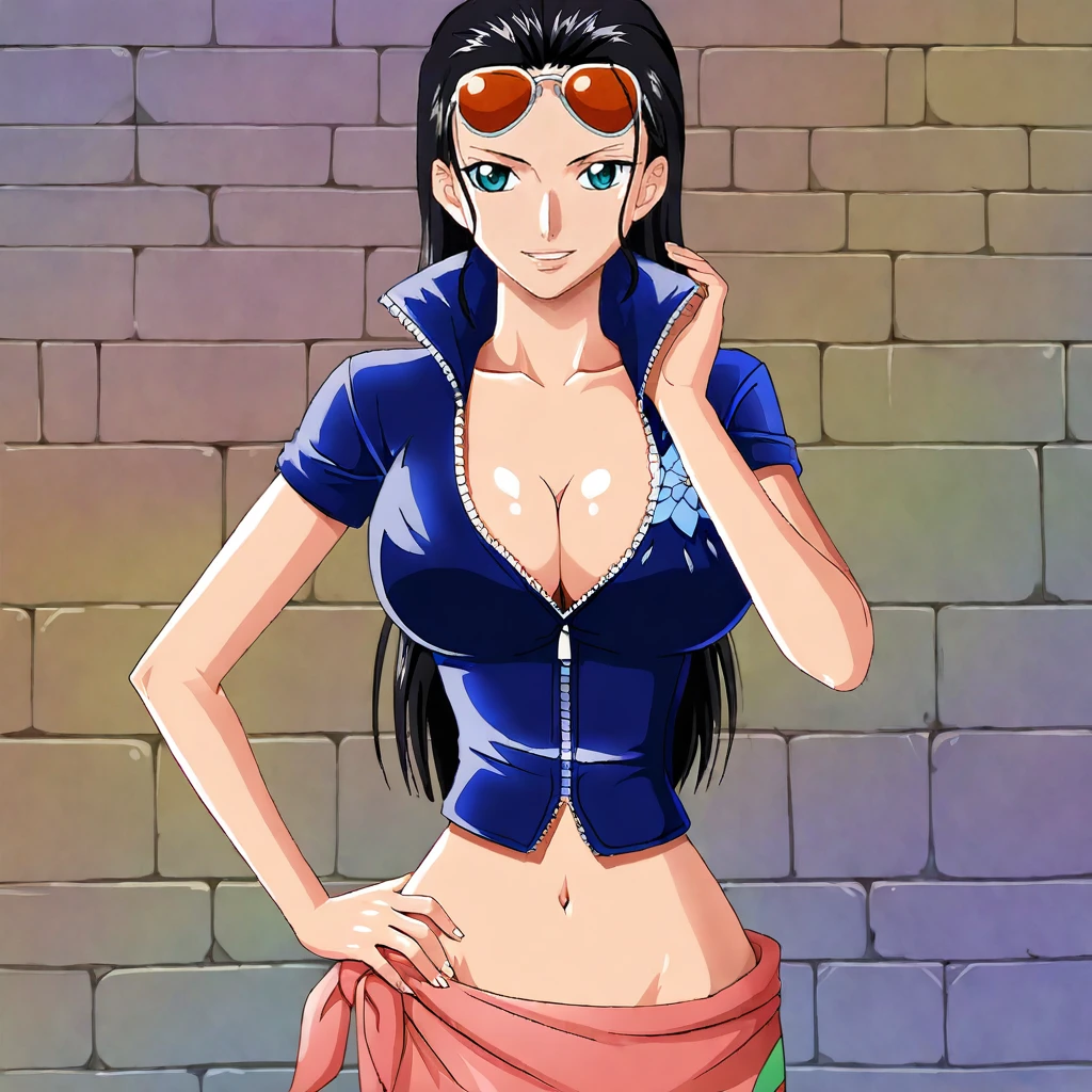 <lora:NicoRobinOnePiece_pony_v1:.75> NicoRobin, 1girl, large breasts, black hair, cleavage, long hair, eyewear on head, hair slicked back, midriff, blue eyes, navel, sarong, sunglasses, crop top, zipper, collarbone, short sleeves, jacket, stomach, high collar, cowboy shot