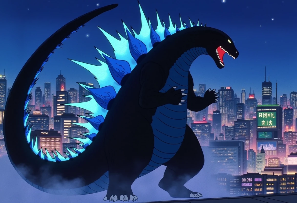 <lora:slrmn_flux_EliPot:1>  anime godzilla roaring with long tail and glowing blue dorsal spines in tokyo city