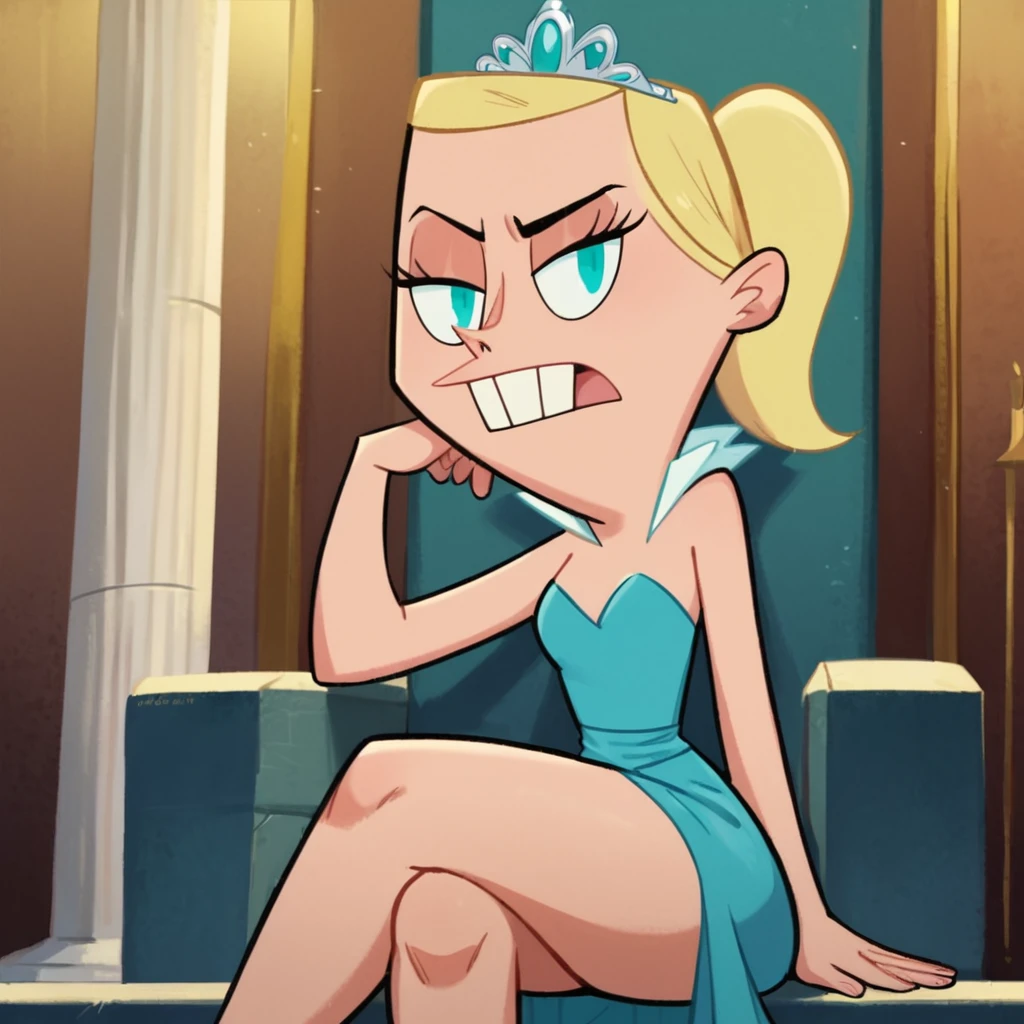 score_9, score_8_up, score_7_up, 1girl, blonde hair, ponytail, aqua eyes, buck teeth, narrow waist, wide hips, looking at viewer, evening gown, tiara, sitting, throne, crossed legs, cowboy shot, highres, high quality, masterpiece, <lora:Portia_Gibbons:1>