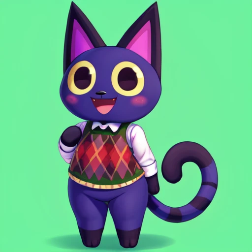 score_9_up, score_8_up, score_7_up, score_6_up, kiki \(animal crossing\), cat, argyle vest, argyle clothes, furry, ambiguous gender, solo, cat tail, tail, cat ears, front view, smile, looking at viewer, animal ears, simple background, full body, open mouth, standing, masterpiece