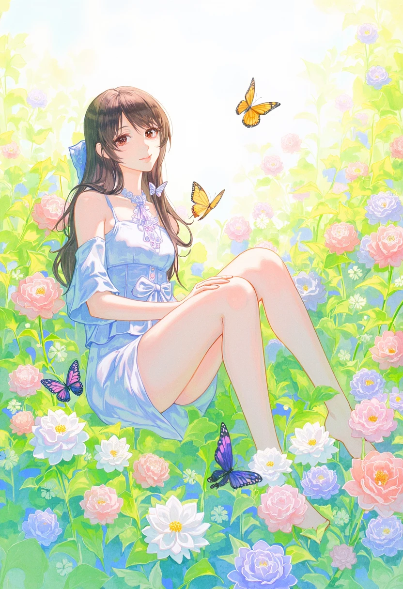 Coloured pencil drawing,chalk drawing,The image portrays a serene and ethereal scene of a young female character surrounded by a lush garden filled with vibrant flowers and fluttering butterflies. The art style is reminiscent of traditional Japanese anime characterized by its soft color palette intricate details and dreamy atmosphere. The composition is balanced with the character positioned centrally drawing the viewer's attention. The overall tone is one of tranquility wonder and a touch of melancholy evoking feelings of nostalgia and reflection.