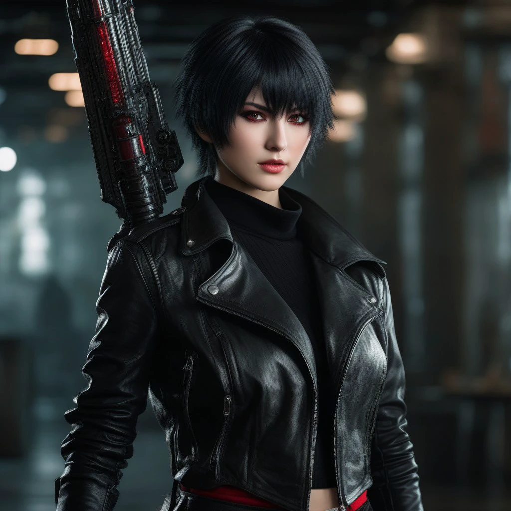 ultra hyper detailed full body of Lady from Devil May Cry 5 video game with short black hair in a mini skirt and boots holding a giant weapon, ultra hyper detailed face features showing one green eye and one red eye, Heterochromia condition, full-cosplay, professional cosplay, Lady character from video game,anime cosplay, holding a giant weapon, Lady huge weapon from video game,fullbody wide shot, cinematic volumetric lighting, ultra hyper realistic image shot with Sony Fx6