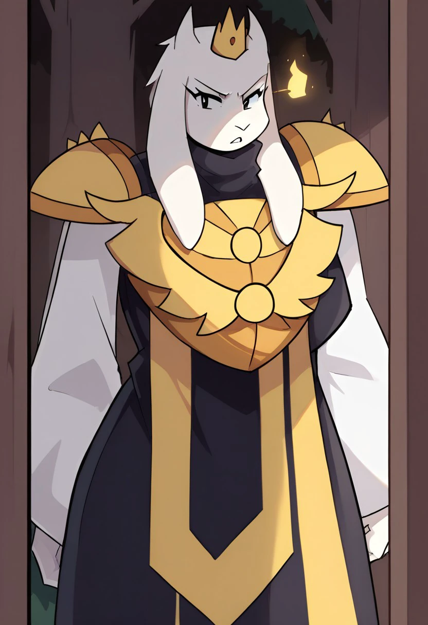 BREAK score_9, score_8_up, score_7_up, source_anime,  Epic_Toriel, black eyes, black robe, chest brooch, golden shoulder pads, (huge breasts:1.8), high collared tunic, chest symbol, crown with a gem, full body,