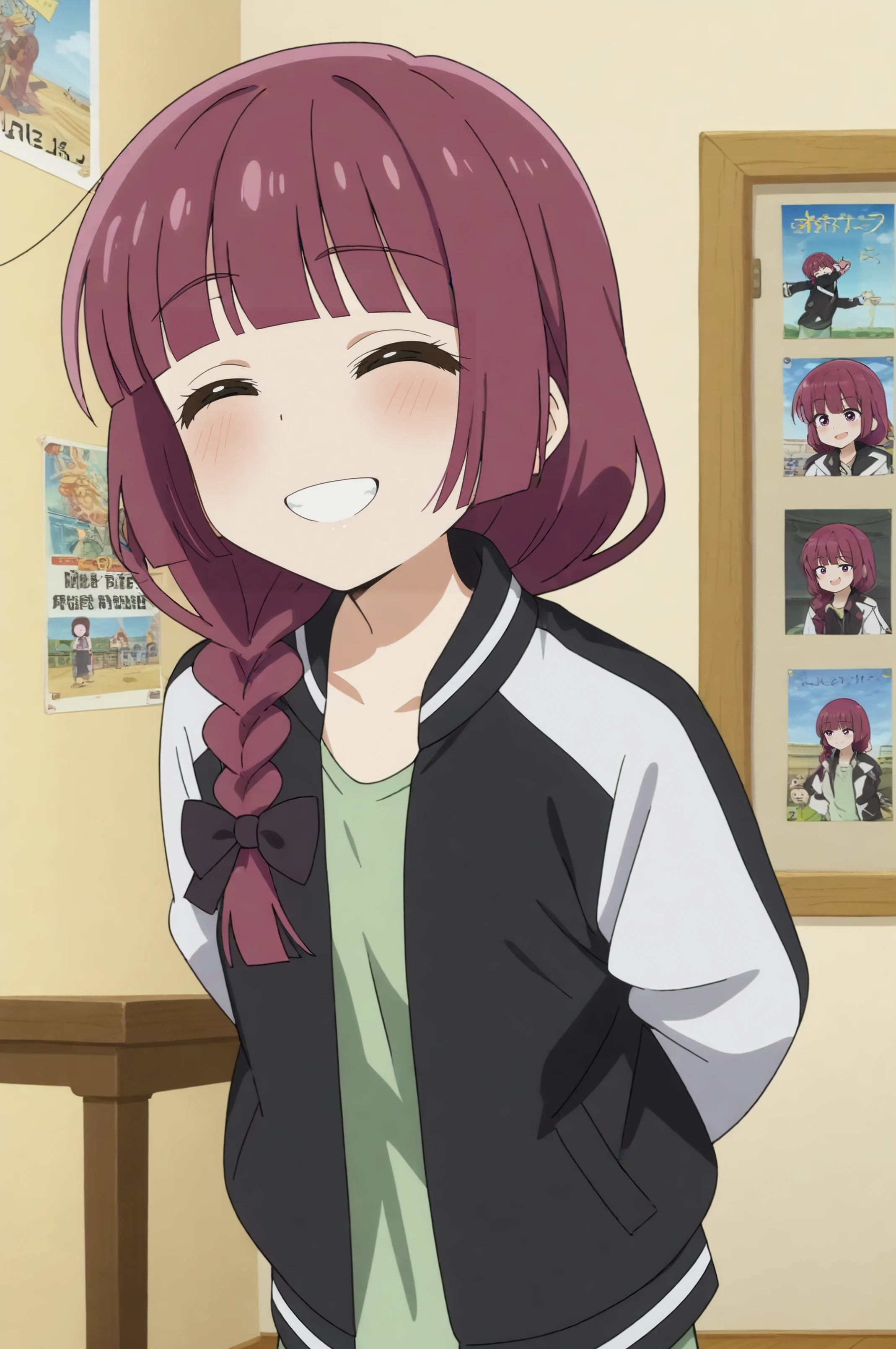 kikuri hiroi,anime screencap,1girl,solo,purple hair,black nails,bangs,braid,hair over shoulder,open jacket,multicolored jacket,indoors,music room,smile, poster,standing,hands behind the back, leaning forward  <lora:Kikuri_Hiro.safetensors:0.8>