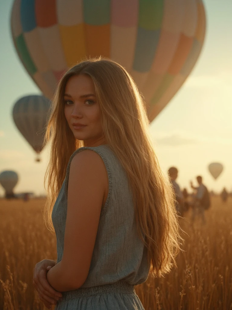 julbea woman, Julia Beautx with long blonde hair is standing next to a hot air balloon. The image is an upper body shot