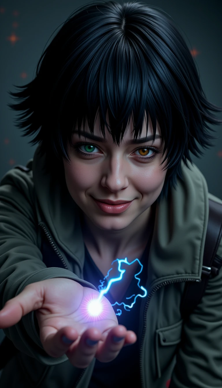 A hyper realistic photorealistic professional photography of a smiling 30 year old c45u4l4de woman. She is in a dark nebula background. from above Clutching a holy symbol, casting a spell with their other hand.
She has black messy short and wide hair, and her left eye is (green:0.4) while her right eye is (orange:0.4) as she has heterochromia and heterochromic eyes. She is doing a sleepy expression. (She also has a slight faded scar going across her nose.:0.3). She is wearing casual clothes.
She is in a dark matter facility background.