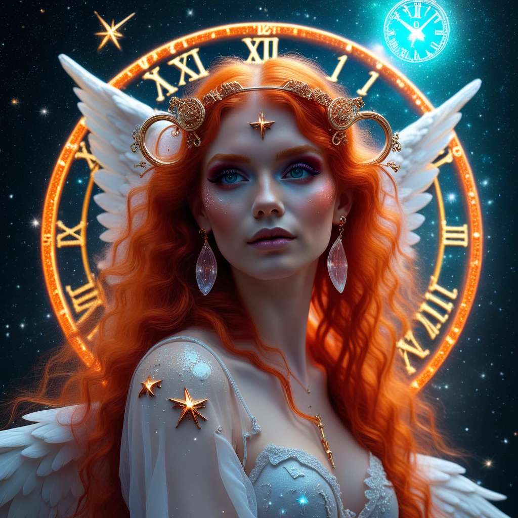 earrings, eyeshadow, sparkle, wings, cleavage, crystal, 1girl, angel wings, sky, ring, orange hair, red hair, star, star (symbol), veil, makeup, light particles, symbols, whimsical, wavy hair, space, roman numeral, clock